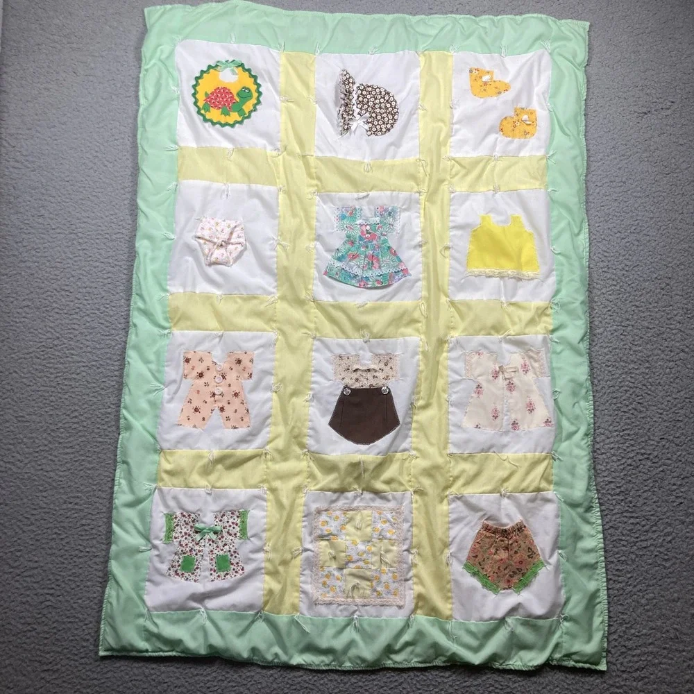 Handmade Vintage Baby Lap Quilt Green Yellow 3D Applique Patchwork Blanket FLAW
